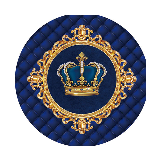 Gold Crown And Blue Birthday Round Backdrop Cover