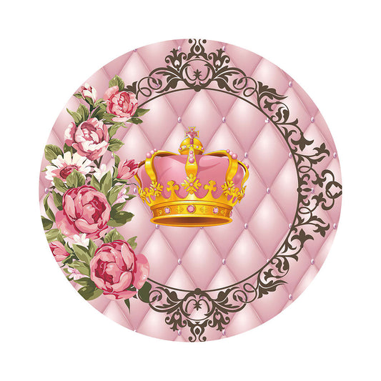 Gold Pink Crown Birthday Round Backdrop Cover