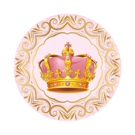Gold Pink Crown Princess Birthday Round Backdrop Cover