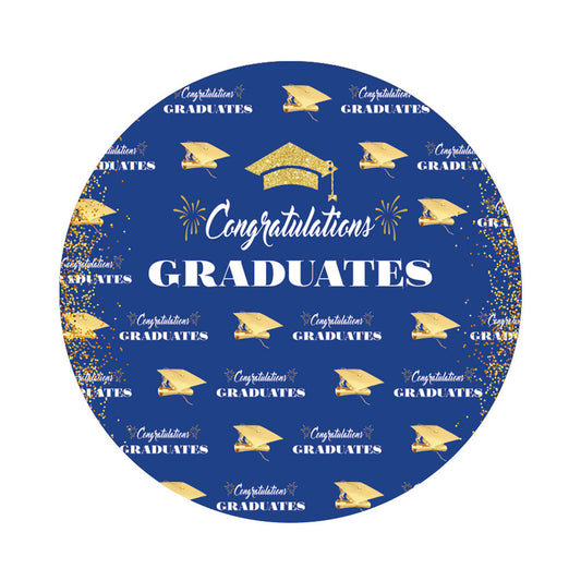 Graduation Gold Glitter Blue Round Backdrop Cover