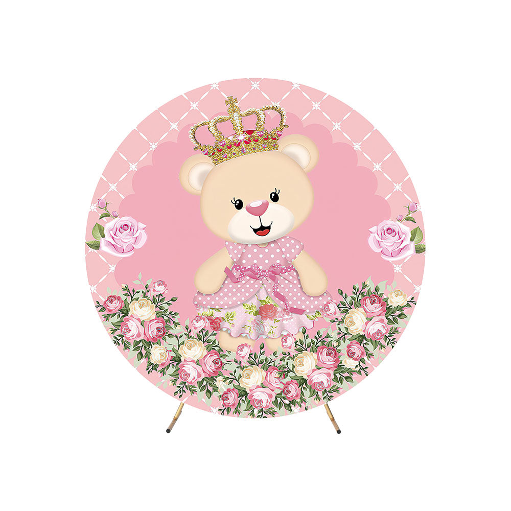 Pink Floral Bear Birthday Round Backdrop Cover