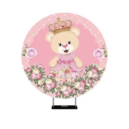 Pink Floral Bear Birthday Round Backdrop Cover