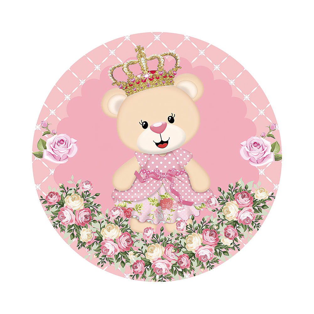 Pink Floral Bear Birthday Round Backdrop Cover