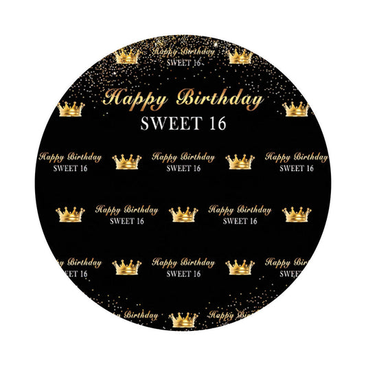 Sweet 16 Royal Golden Black Birthday Round Backdrop Cover